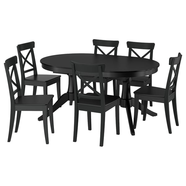 ROSENTORP / ROSENTORP Meja dan 6 kerusi, hitam/hitam, 160/215x110 cm