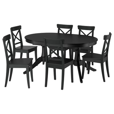 ROSENTORP / ROSENTORP Meja dan 6 kerusi, hitam/hitam, 160/215x110 cm