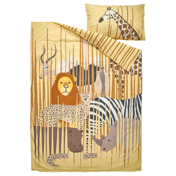 SANDLÖPARE Sarung duvet dan sarung bantal, kuning/savanah, 150x200/50x80 cm