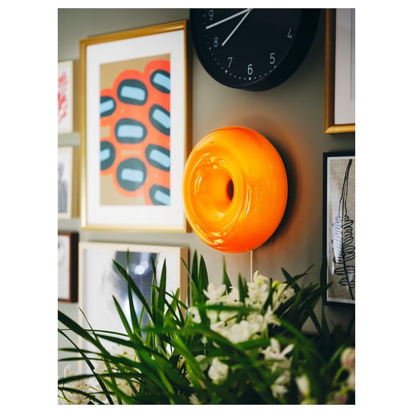 VARMBLIXT Lampu meja/dinding LED, jingga kaca/bulat, 30 cm
