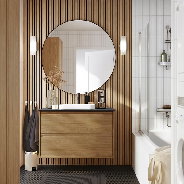 ÄNGSJÖN / BACKSJÖN Wash-stnd w drawers/wash-basin, oak effect/black marble effect, 102x49x71 cm