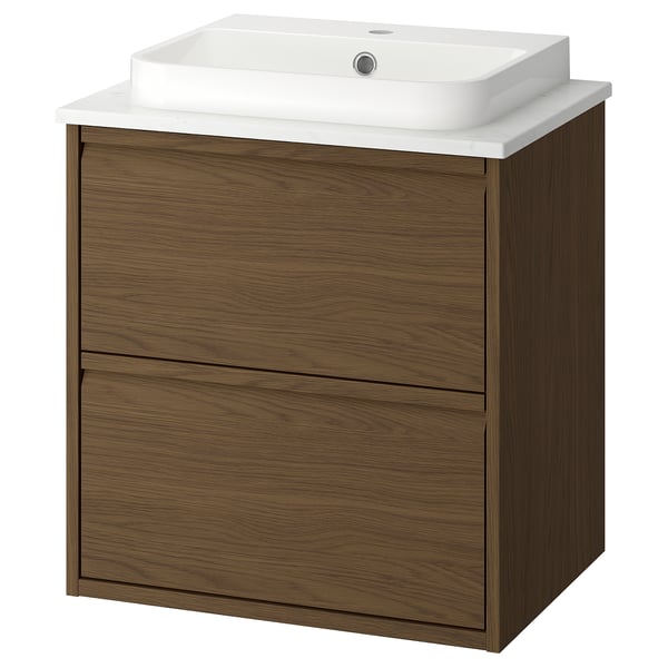 ÄNGSJÖN: modern oak wooden bathroom vanity with white countertop and square basin. Wall-mounted, soft-close drawers.