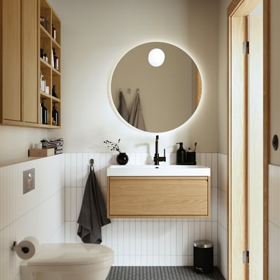 Modern oak effect bathroom vanity with mirror. Integrated handles.