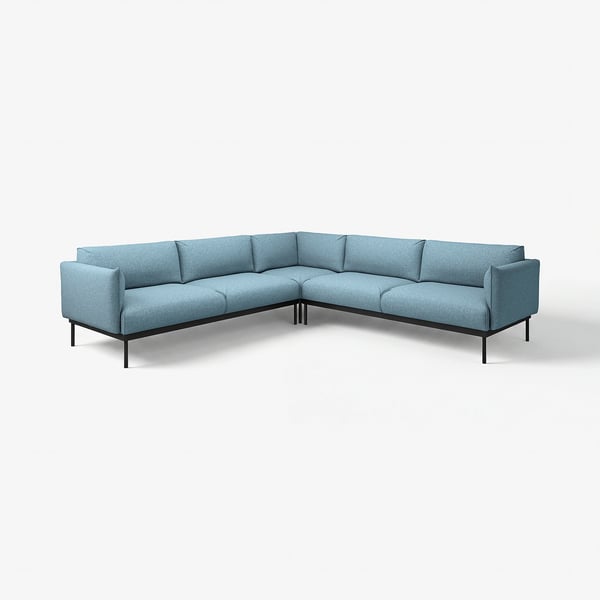 Light blue corner sofa, modern design with slim black metal legs, plush cushions.