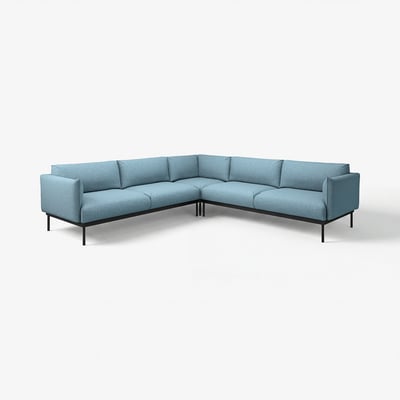 Light blue corner sofa, modern design with slim black metal legs, plush cushions.