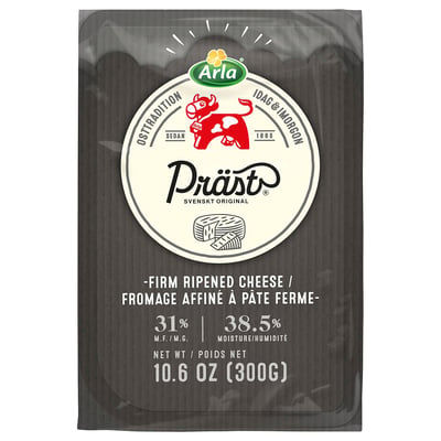 Image shows packaging of ARLA PRÄST cheese. Black pack with white logo. Cheese weighs 10. 6 oz.