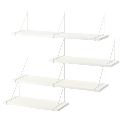 White BERGSHULT wall shelf set. Three rectangular shelves with minimalist metal brackets, clean design, beveled edge option.