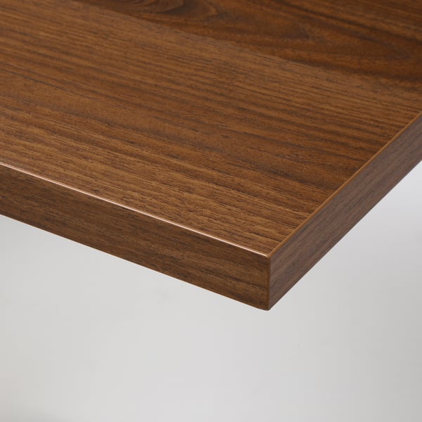 Smooth, bevelled edge walnut-patterned shelf, part of a modular storage system.