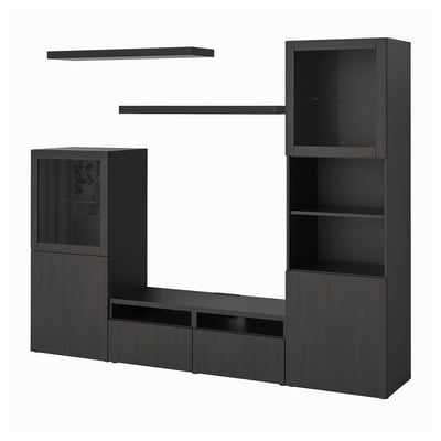 Black BESTÅ entertainment center. Tv bench, wall shelves, glass cabinets. Modern, sleek design. Perfect for living rooms.