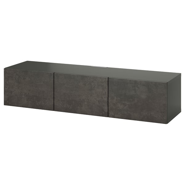 Modern dark gray tv stand, wall-mounted with flat top, rectangular shape, minimalist design, offering storage.
