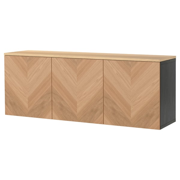 BESTÅ Wall-mounted cabinet combination, black-brown Hedeviken/oak veneer, 180x42x66 cm