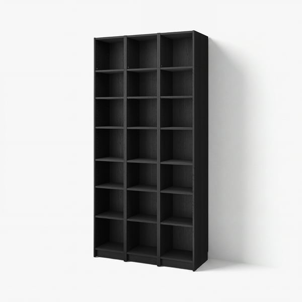 Black BILLY bookcase with open shelves for modern home storage.