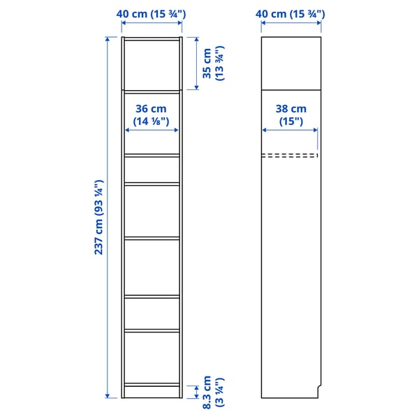 BILLY Bookcase with height extension unit, white, 40x39x237 cm