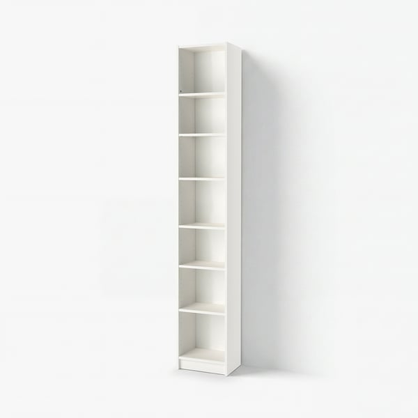 A tall BILLY bookcase in white, featuring multiple adjustable shelves. It is designed for efficient storage and has a sleek, minimalist look.