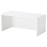White BILLY bookshelf, particleboard & polypropylene, rectangular, flat top & back, extends wall space.