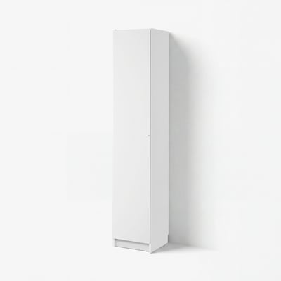 White BILLY bookcase, tall, rectangular, single door, stands alone, minimalist design, simple storage.