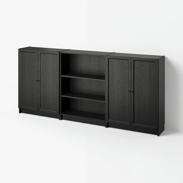 BILLY bookcase: modern dark grey, rectangular with mix closed/open shelves, sleek design for storage.
