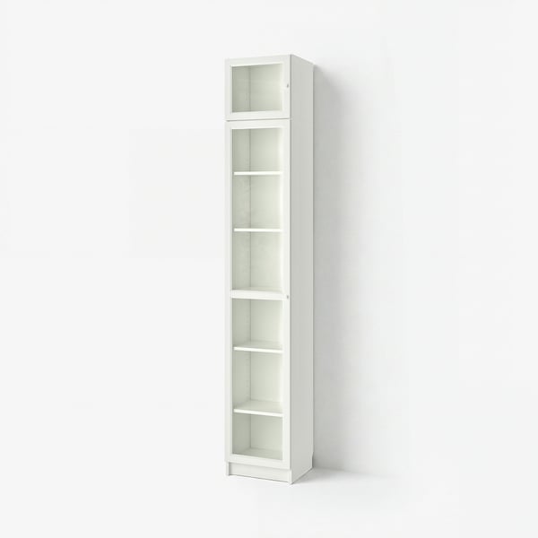 A tall, white BILLY bookcase with five empty shelves against a white wall.