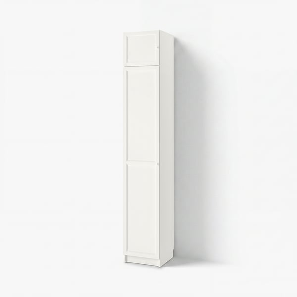 A white BILLY bookcase with a rectangular shape and simple design. It stands tall with no visible items inside, made of particleboard and fiberboard.