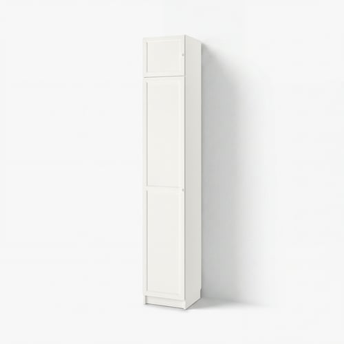 A white BILLY bookcase with a rectangular shape and simple design. It stands tall with no visible items inside, made of particleboard and fiberboard.