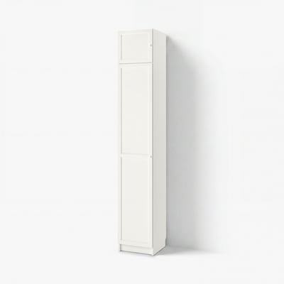 A white BILLY bookcase with a rectangular shape and simple design. It stands tall with no visible items inside, made of particleboard and fiberboard.