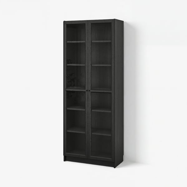 BILLY / OXBERG Bookcase with glass doors, black oak effect, 80x41x202 cm