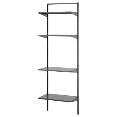 Black metal wall shelf with four glass shelves. Modern, sturdy, and sleek storage.