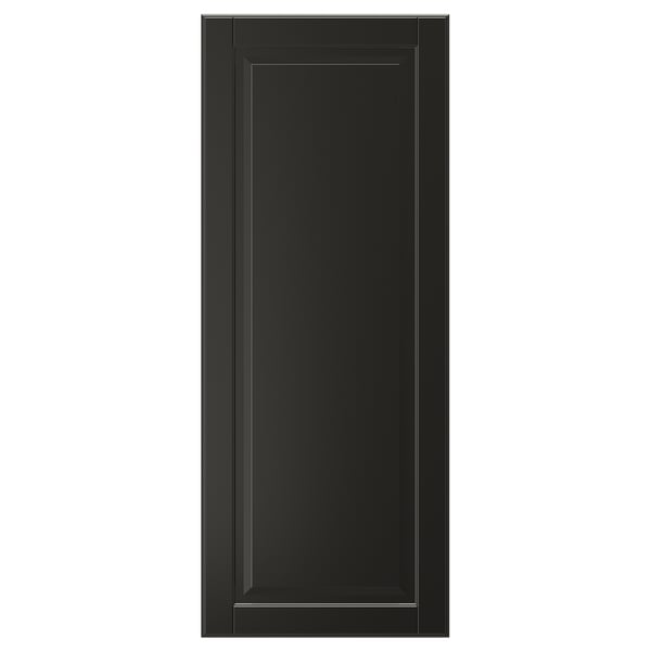 Black BODBYN cabinet door, rectangular with bevelled panel, smooth lacquered finish.