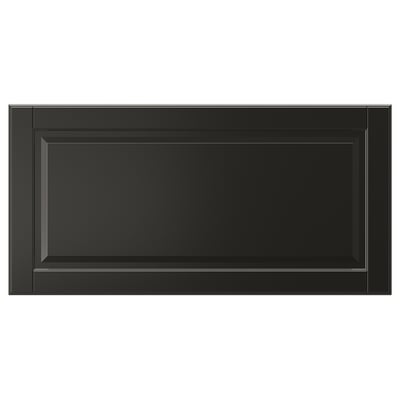 Black BODBYN drawer front, sleek bevelled panel, rectangular, lacquered fiberboard.