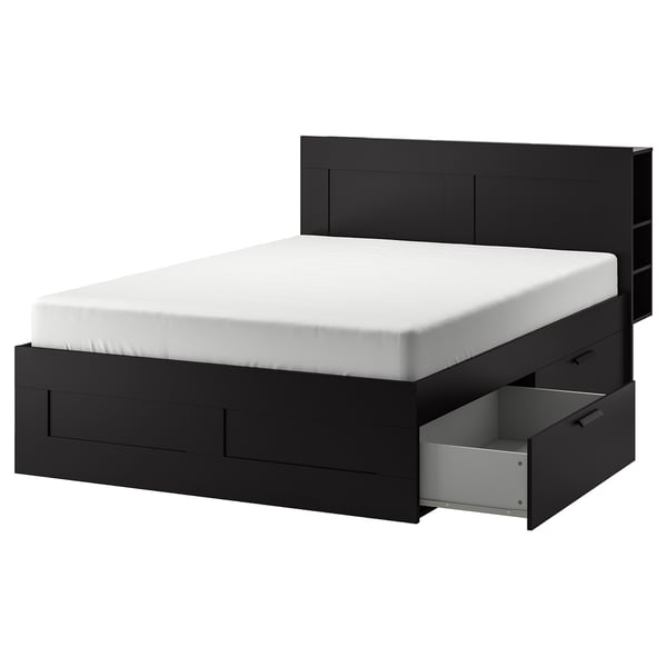 Modern black bed, BRIMNES, with storage drawers.