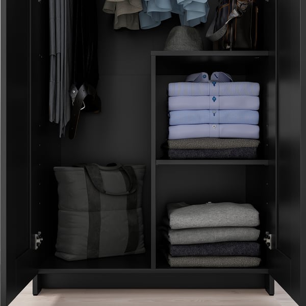 Black BRIMNES wardrobe with clothes & tote bag.