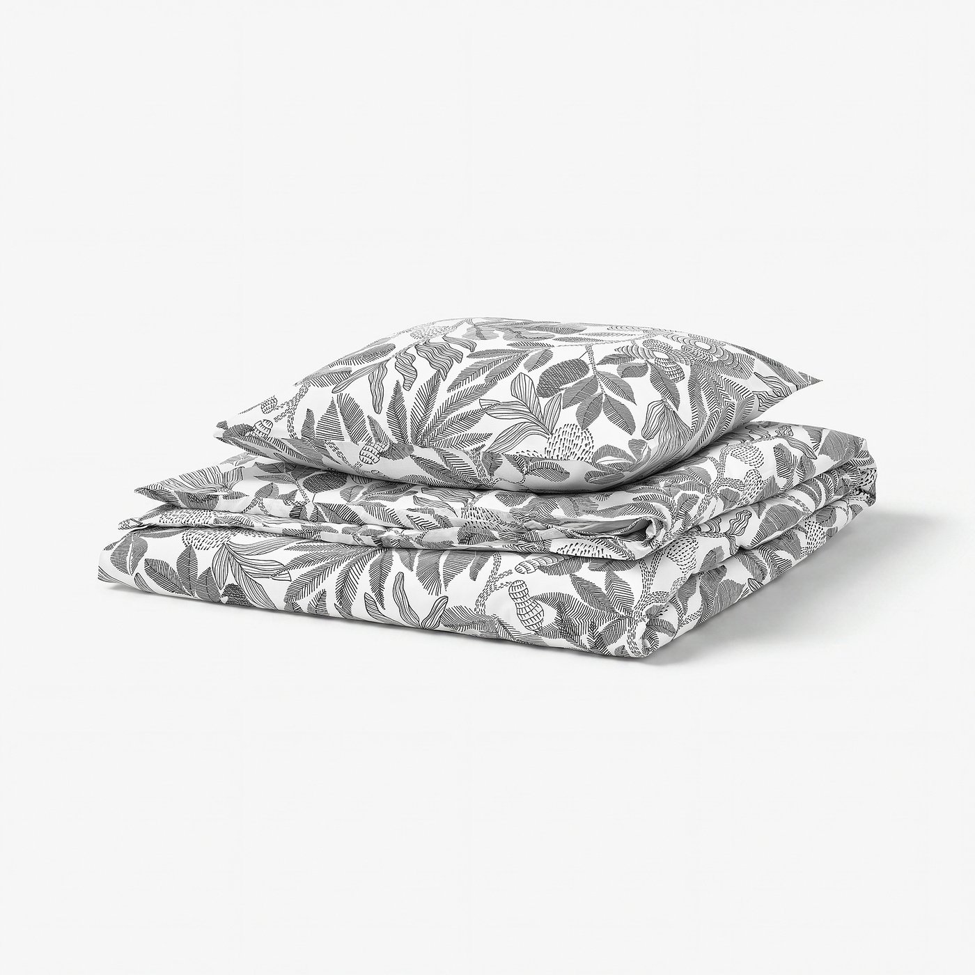 BROKDRACENA duvet set, white with black botanical print, rectangle with envelope closure, smooth polyester-viscose blend.
