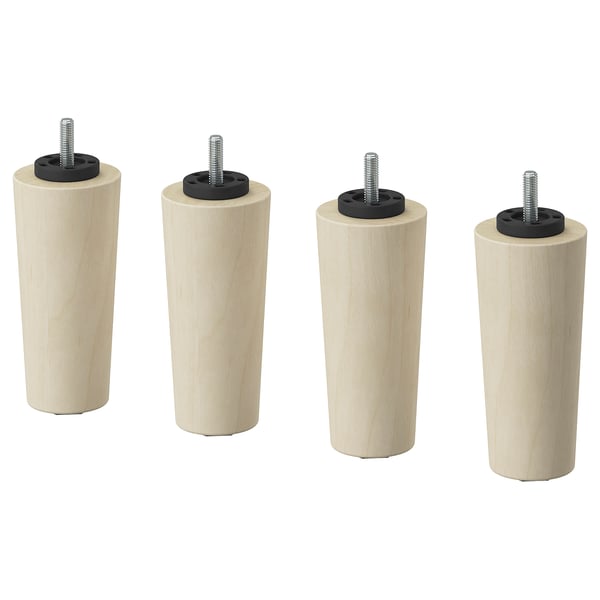 Four light brown cylindrical wooden legs with black plastic and metal fittings; simple and minimalist design.