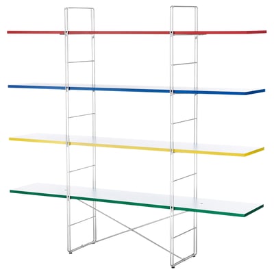 BYAKORRE multi-color shelf unit, modern design, adjustable metal feet, clear glass shelves, vibrant edges.