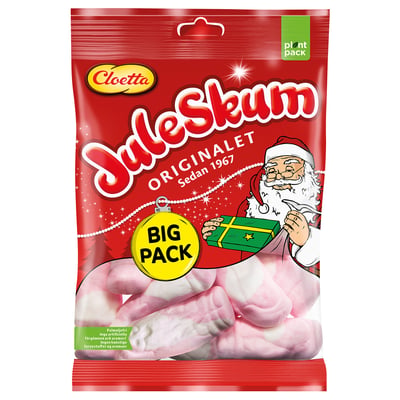 Cloetta julgoding originallet candy bag featuring santa. Festive red and white packaging, shown with pink marshmallow treats.