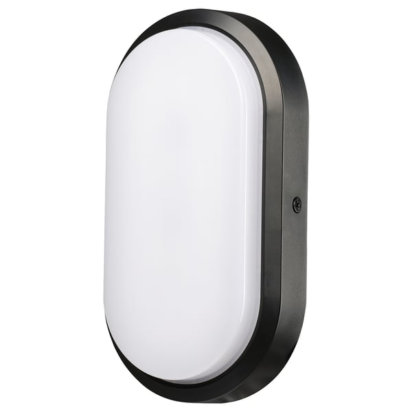 A DÄCKSBÅT wall lamp in black, made of polycarbonate plastic, with an oval shape and smooth design, suitable for outdoor use.