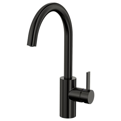 DELSJÖN black tap with curved spout, durable metal body, minimalist design.