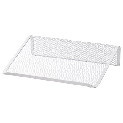 A white, mesh metal DRÖNJÖNS laptop stand. Its angled design elevates the laptop for better viewing and airflow.