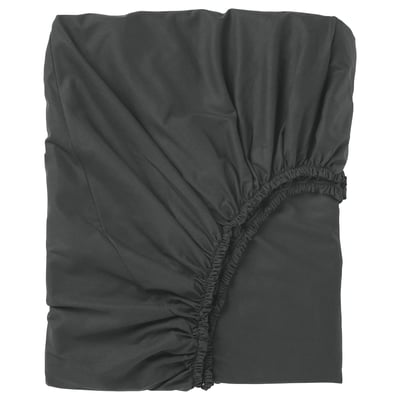 Dark grey DVALA fitted sheet, soft sustainable cotton, elastic edges, fits 26 cm mattress.