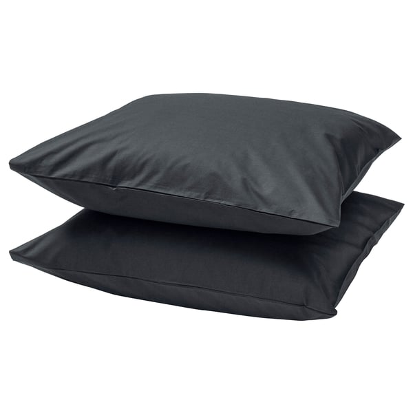 Two dark grey, square-shaped pillows stacked neatly, showcasing a simple and modern design in soft cotton material.