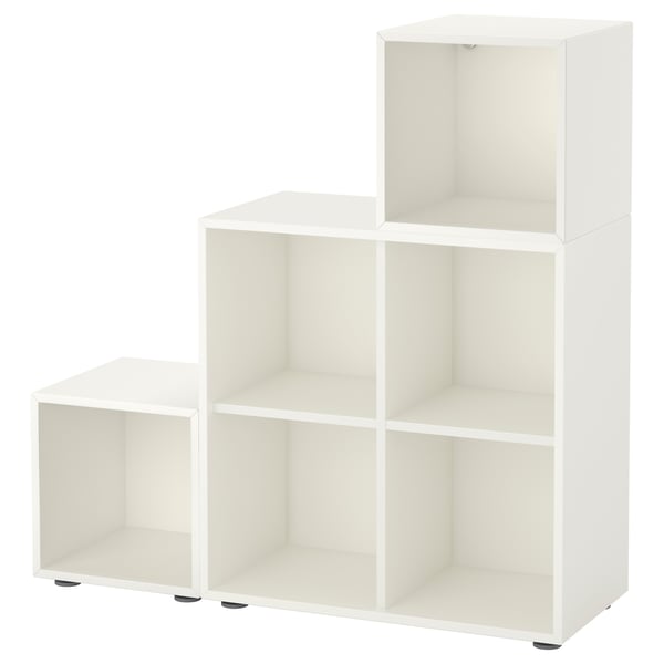 Ikea EKET white cube storage shelves, modular, asymmetrical design.