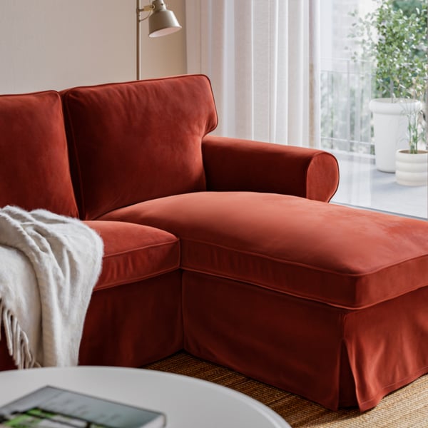 EKTORP 3-seat sofa with chaise longue, Alhamn deep orange-red