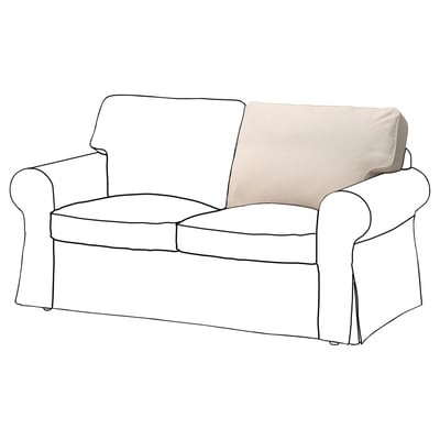 An IKEA EKTORP loveseat, beige, with rolled arms and removable covers.