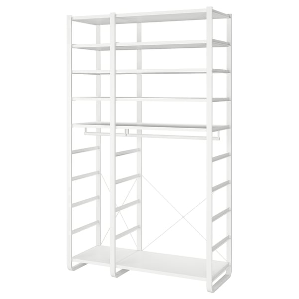 This is an a white ELVARLI storage unit featuring multiple adjustable shelves and a clothes rail, designed for versatile and customizable storage.
