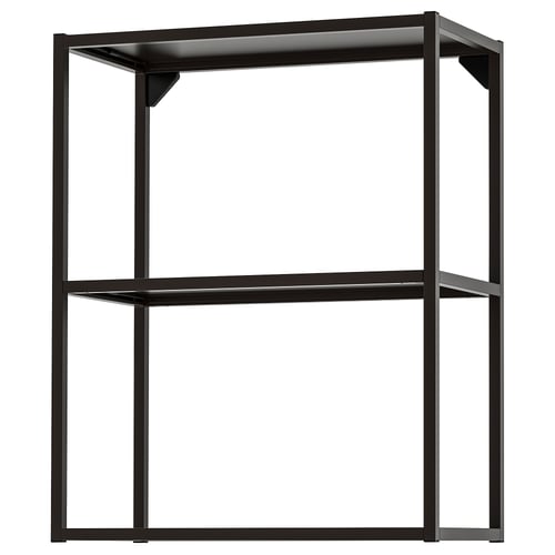 Black ENHET metal storage unit with two open shelves, sleek modern design.