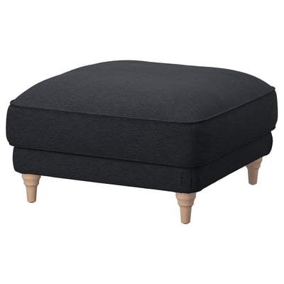 Dark grey ESSEBODA footstool with wooden legs, square shape, and soft cushioned top.