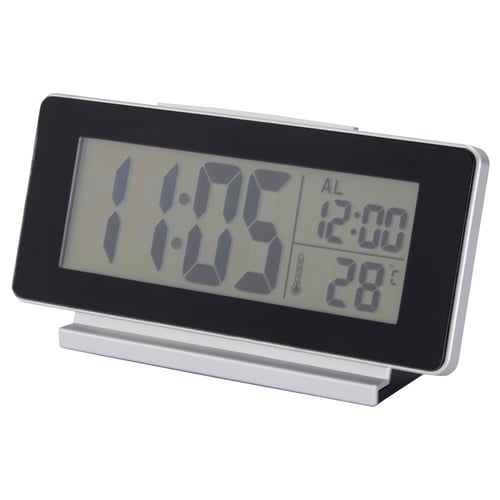 A FILMIS black and silver digital clock with led display, showing time, alarm, and temperature.