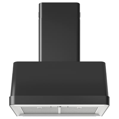 Modern black kitchen hood with sleek design and led lighting.