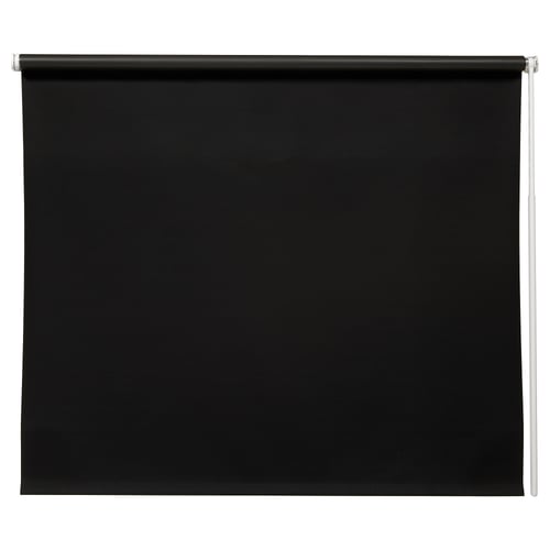 Black FRIDANS roller blind with cordless mechanism, made from recycled polyester, offers complete light block and privacy.