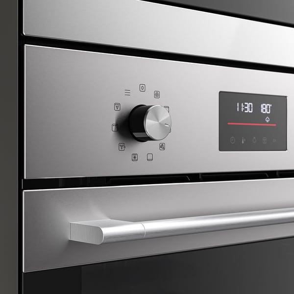 Modern stainless steel oven control panel with digital display and rotary knobs, illustrating high-quality design and functionality.